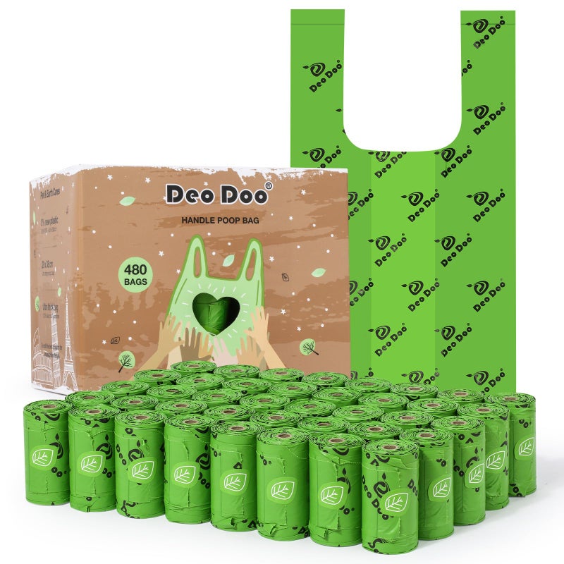 Deo Doo Dog Poop Bags Rolls with Handles 40 Rolls 480 Counts Big Sizes Leak Proof and Extra Thick Waste Bags for Walking Medium Large Dogs Cats Litter Unscented - Image 1