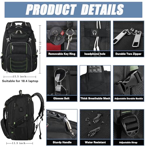 SINVICKO Travel Laptop Backpack,Extra Large 18.4 Inch Laptop RFID Anti Theft TSA Friendly Backpack with USB Charging Port,Water Resistant Backbag,Heavy Duty Computer Bag for Women Men,21.2*15.5*11.5 inch Green - Image 2
