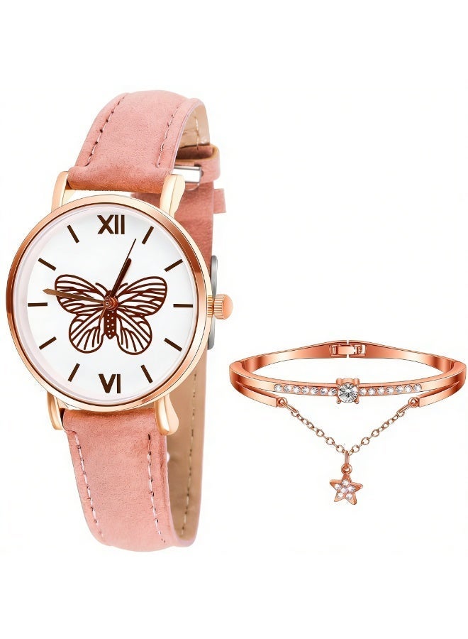 طقم ساعة يد أنيقة بتصميم فراشة كوارتز مرصعة بأحجار الراين وأساور من الجلد الصناعي، مثالية للفتيات الصغيرات. - Image 1