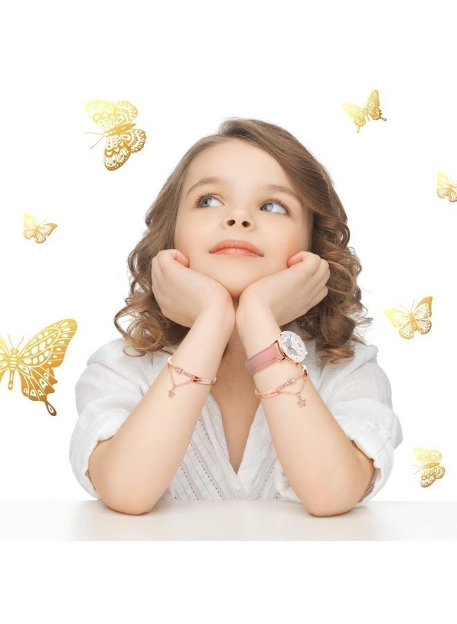 طقم ساعة يد أنيقة بتصميم فراشة كوارتز مرصعة بأحجار الراين وأساور من الجلد الصناعي، مثالية للفتيات الصغيرات. - Image 3