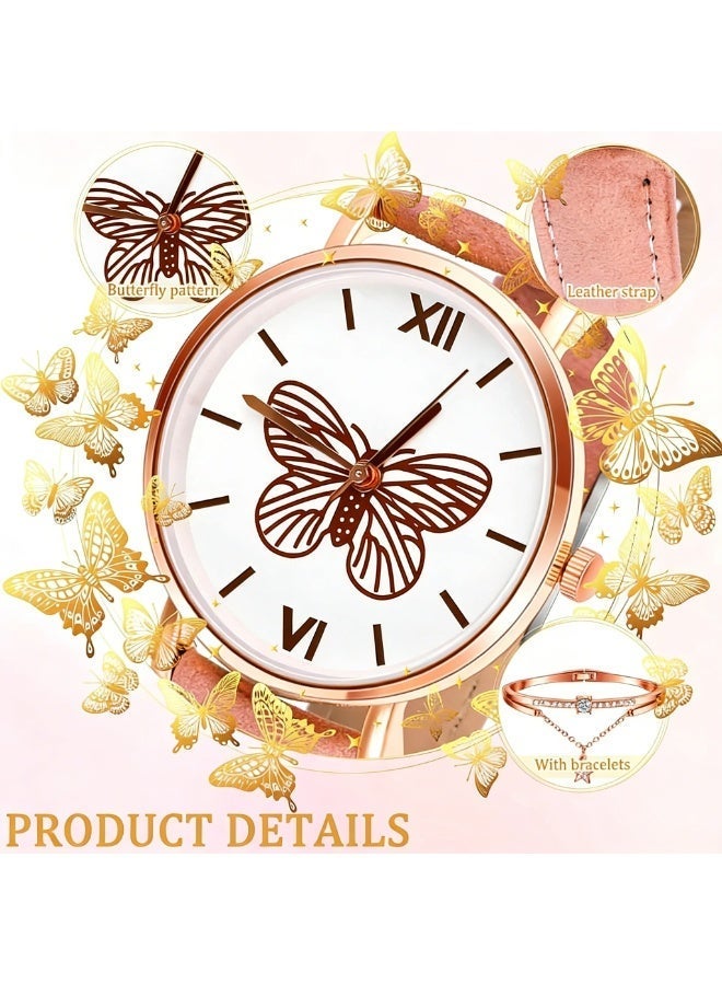 طقم ساعة يد أنيقة بتصميم فراشة كوارتز مرصعة بأحجار الراين وأساور من الجلد الصناعي، مثالية للفتيات الصغيرات. - Image 2