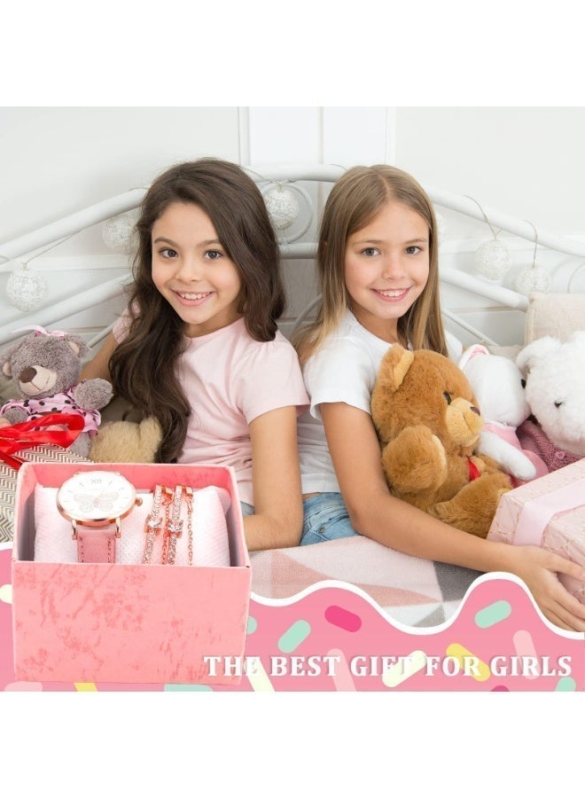 طقم ساعة يد أنيقة بتصميم فراشة كوارتز مرصعة بأحجار الراين وأساور من الجلد الصناعي، مثالية للفتيات الصغيرات. - Image 5