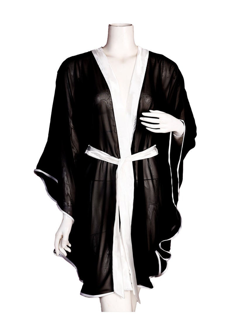 Short chiffon robe set with waist belt and cloche sleeves decorated with a soft ribbon