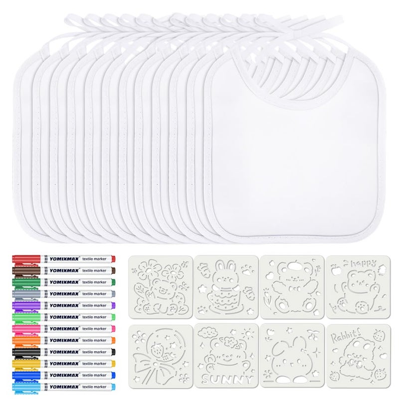 Aolso Baby Bibs for Painting, 32 Baby White Bibs, Painting Bibs for Baby, with Textile Pen and Drawing Template, Baby Shower Gifts, Waterproof Bib for Babies (20 x 17.5 cm) - Image 1
