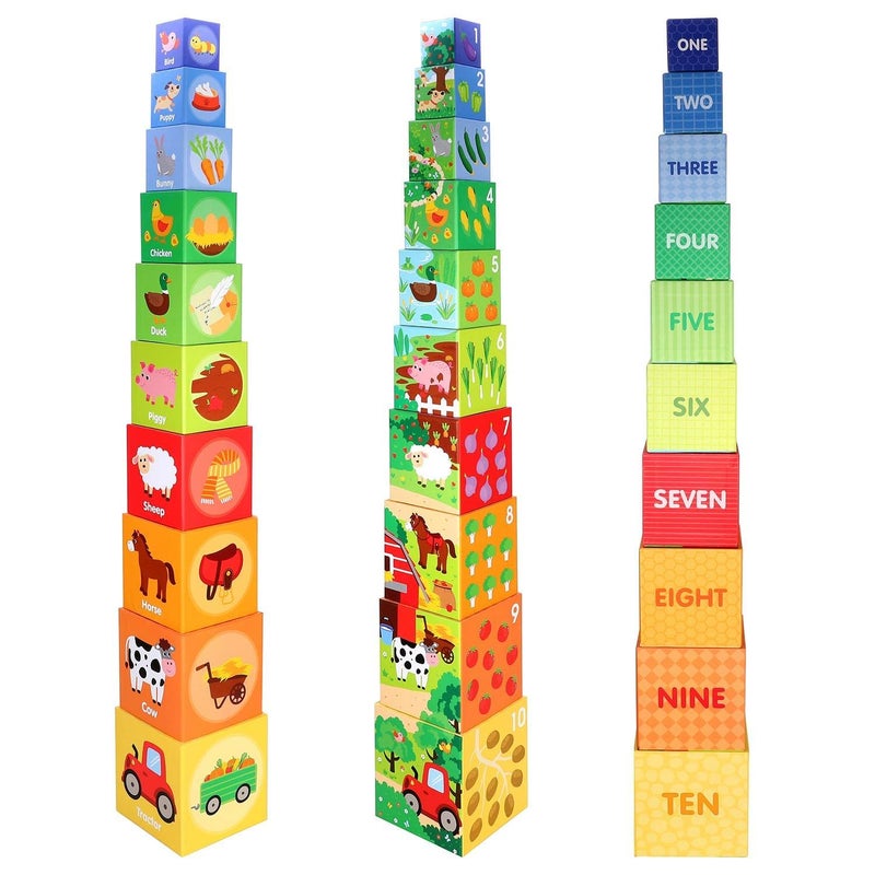 10pcs Farm Animals Stacking Cubes, Montessori Learning Blocks Toy Set