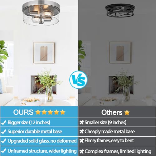 szzgco Flush Mount Ceiling Light Fixtures, 2-Light 12 Inch Brushed Nickel Close to Ceiling Light Fixtures with Seeded Glass Shade Ceiling Light Fixture for Porch, Hallway, Bathroom, Dining Room and Foyer - Image 2