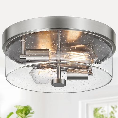 szzgco Flush Mount Ceiling Light Fixtures, 2-Light 12 Inch Brushed Nickel Close to Ceiling Light Fixtures with Seeded Glass Shade Ceiling Light Fixture for Porch, Hallway, Bathroom, Dining Room and Foyer - Image 1