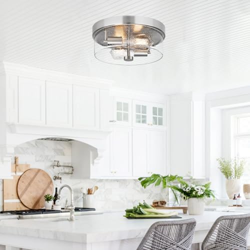 szzgco Flush Mount Ceiling Light Fixtures, 2-Light 12 Inch Brushed Nickel Close to Ceiling Light Fixtures with Seeded Glass Shade Ceiling Light Fixture for Porch, Hallway, Bathroom, Dining Room and Foyer - Image 3
