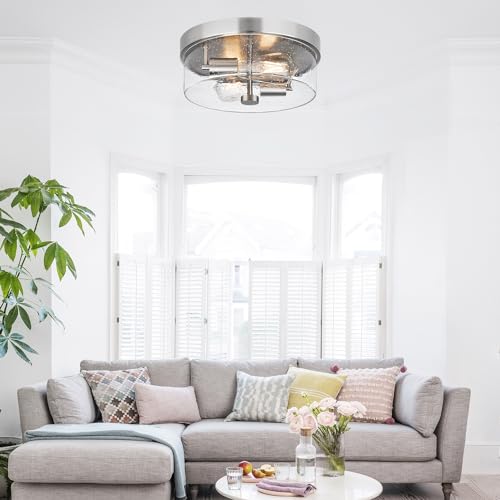 szzgco Flush Mount Ceiling Light Fixtures, 2-Light 12 Inch Brushed Nickel Close to Ceiling Light Fixtures with Seeded Glass Shade Ceiling Light Fixture for Porch, Hallway, Bathroom, Dining Room and Foyer - Image 5