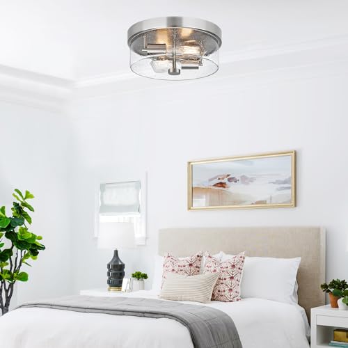 szzgco Flush Mount Ceiling Light Fixtures, 2-Light 12 Inch Brushed Nickel Close to Ceiling Light Fixtures with Seeded Glass Shade Ceiling Light Fixture for Porch, Hallway, Bathroom, Dining Room and Foyer - Image 4