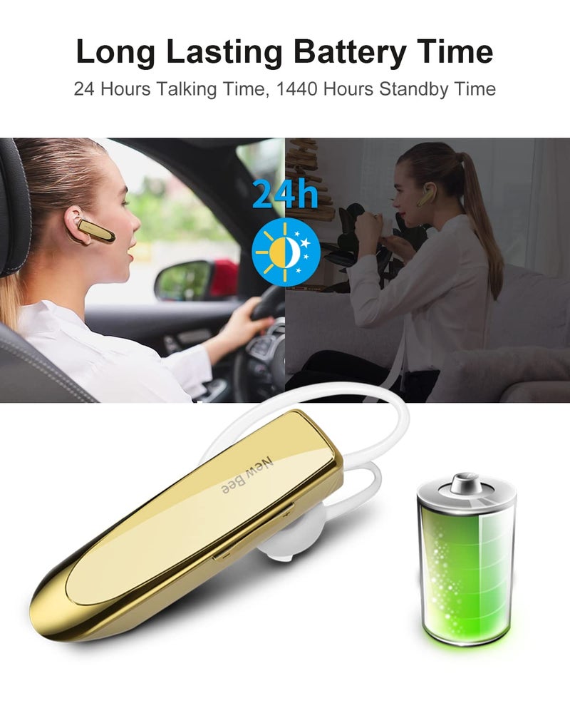 New bee Bluetooth Earpiece V5.0 Wireless Handsfree Headset with Microphone 24 Hrs Driving Headset 60 Days Standby Time for iPhone Android Samsung Laptop Trucker Driver (Gold) - Image 3