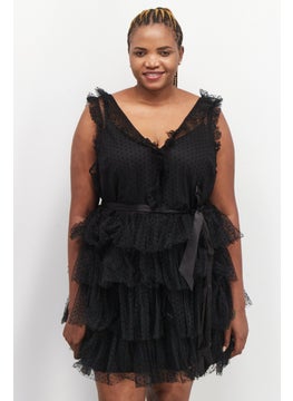 forever new Women Curve Fit Textured Belted Mini Dress, Black  - Image 1
