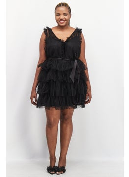 forever new Women Curve Fit Textured Belted Mini Dress, Black  - Image 3