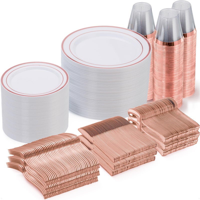 Goodluck 600 Pieces Rose Gold Disposable Plates for 100 Guests Plastic Plates for Party Wedding Dinnerware Set of 100 Dinner Plates 100 Salad Plates 100 Spoons 100 Forks 100 Knives 100 Cups