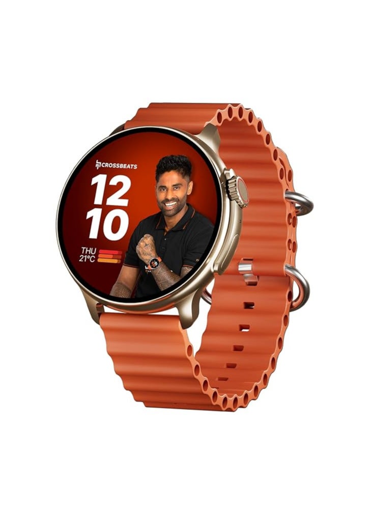 Crossbeats CrossBeats Aura Round 1.46" Super AMOLED Smart Watch, Always On, Advanced AI ENC Bluetooth Calling, in-Built Games, Fast Charge, Rotating Crown, 123+ Sports Modes, 454 × 454 Pixel (Gold,Orange)  - Image 1
