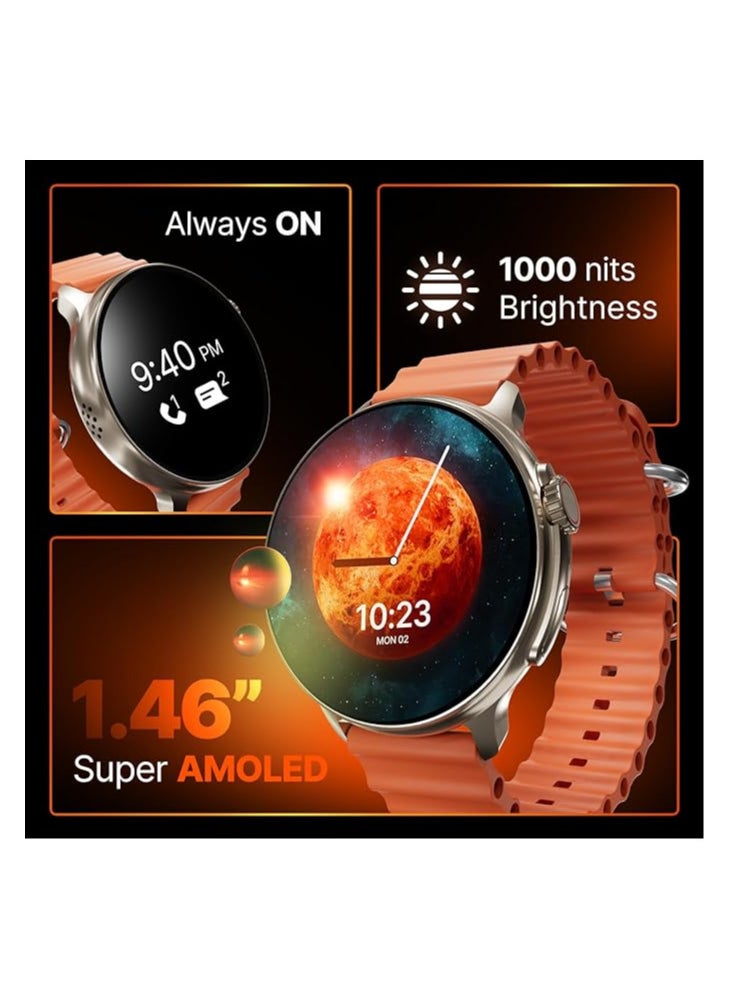 Crossbeats CrossBeats Aura Round 1.46" Super AMOLED Smart Watch, Always On, Advanced AI ENC Bluetooth Calling, in-Built Games, Fast Charge, Rotating Crown, 123+ Sports Modes, 454 × 454 Pixel (Gold,Orange)  - Image 2