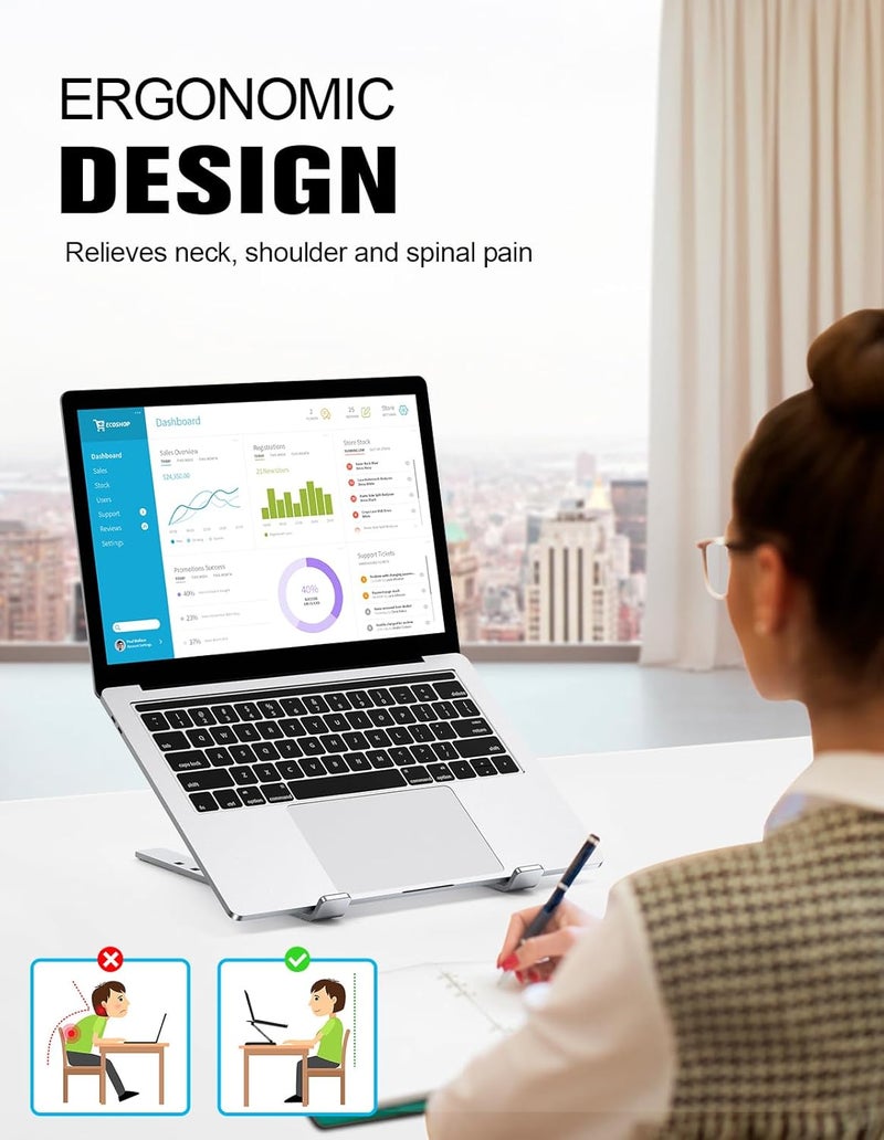 Laptop Stand, 9 Levels Aluminium Laptop Stand, Portable, Height-Adjustable, Ventilated Notebook Stand, Compatible with MacBook Pro Air, Lenovo, Dell, 10-15.6 Inch Laptops Tablet, Silver - Image 3