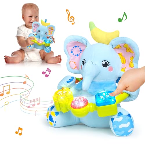 Ryotagift Baby Bilingual Musical Elephant Stuffed Animals ToysInfant Early Learning Toy with LightUp Music CrinkleTummy Time Toys for 0 3 6 9 12 Months for Baby Boy Girl GiftBlue - Image 1