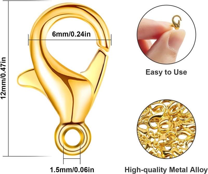 Weico Lobster Clasps, 100Pcs Gold Lobster Claw Clasps for Handmade Necklace, Bracelet Jewelry Making Accessories Fastener Hook(12mmx6mm) - Image 2