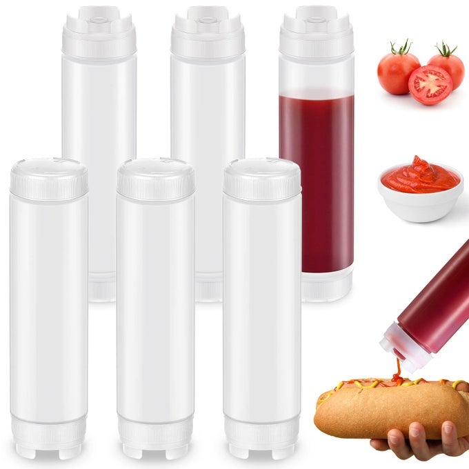 6 PCS 16 OZ CONDIMENT SQUEEZE BOTTLES INVERTED PLASTIC SQUEEZE BOTTLE FOR SAUCES REFILLABLE TIP LARGE VALVE DISPENSER KETCHUP SOUR CREAM SELF SEALING SYRUP DISPENSER FOR RESTAURANTS WHITE