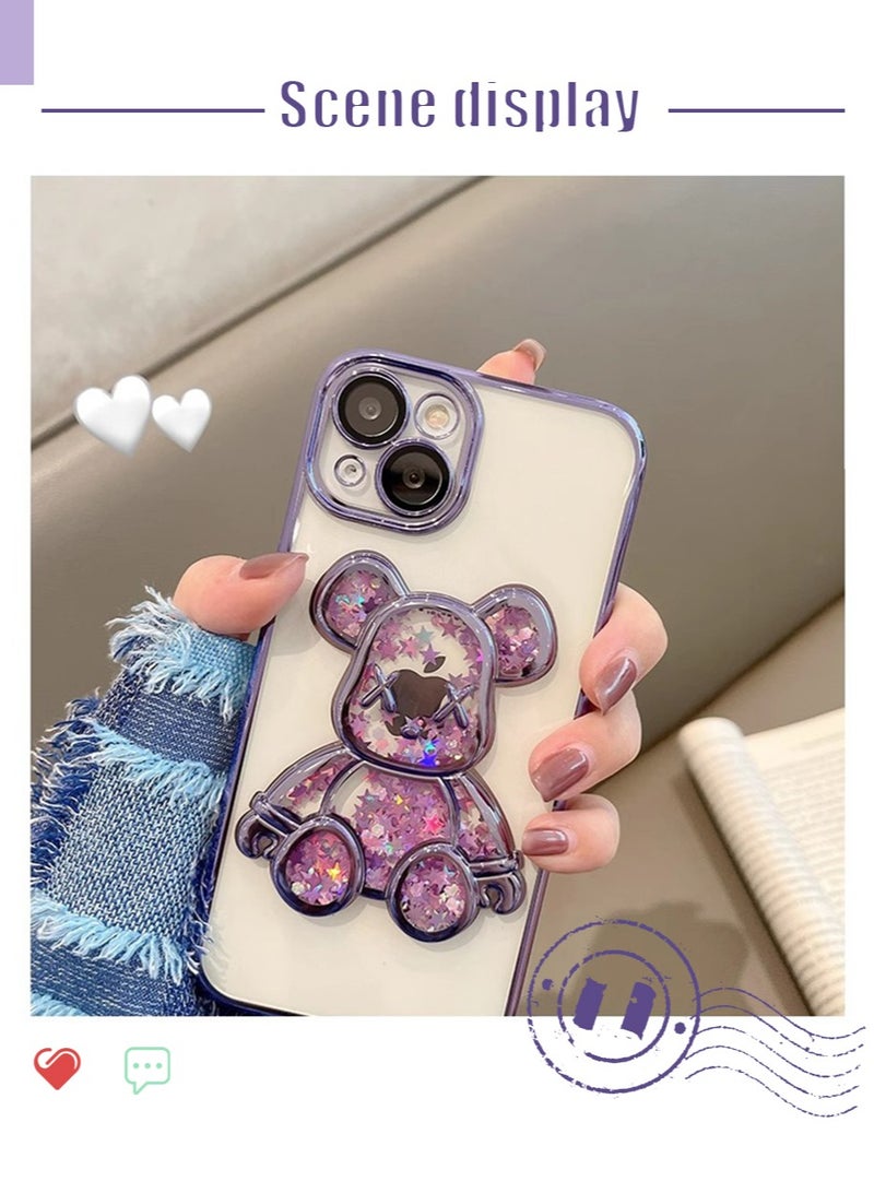 Electroplated for iPhone 15 Case for Women Luxury Quicksand Cover with Built-in Camera Lens Protector Clear Glitter Sparkly Bear Slim Shockproof Full Body Protecive Accessories - Image 5