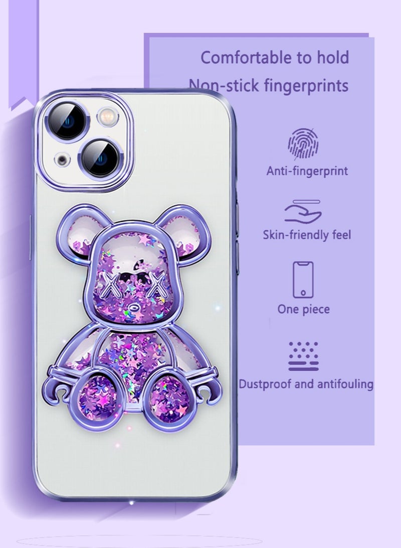 Electroplated for iPhone 15 Case for Women Luxury Quicksand Cover with Built-in Camera Lens Protector Clear Glitter Sparkly Bear Slim Shockproof Full Body Protecive Accessories - Image 4