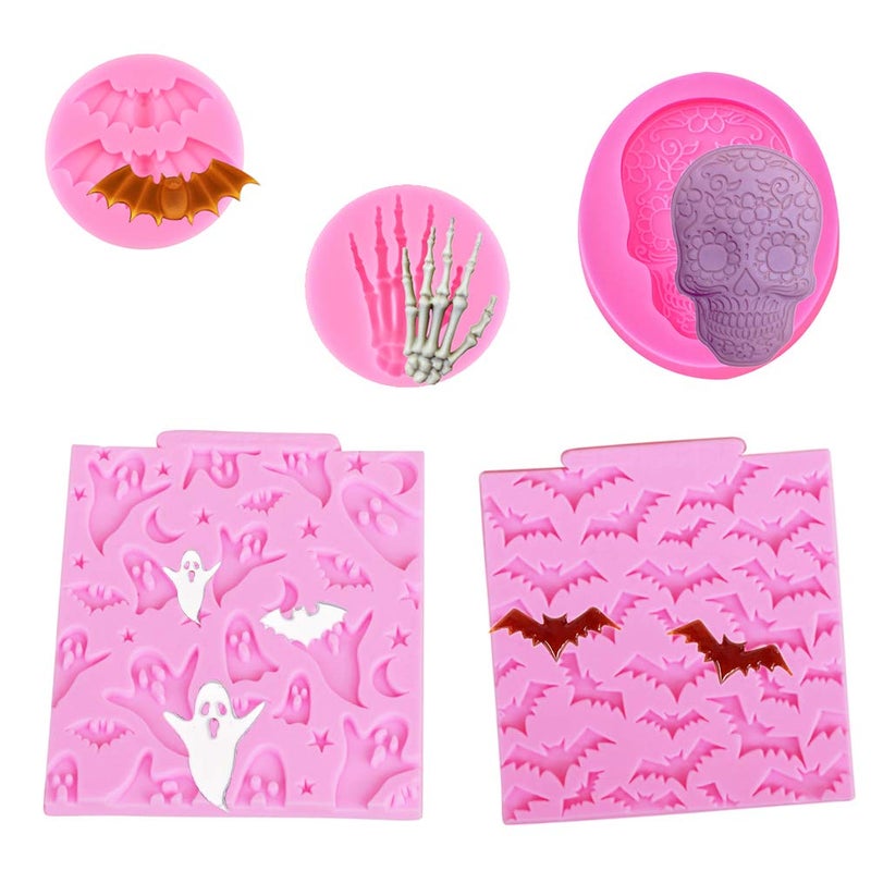5 Pcs Halloween Cupcake Fondant Molds Silicone Skull Spider Bat Ghost Molds for Halloween Cake Decorating Chocolate Candy Gum Paste Polymer Caly Epoxy Resin Mould