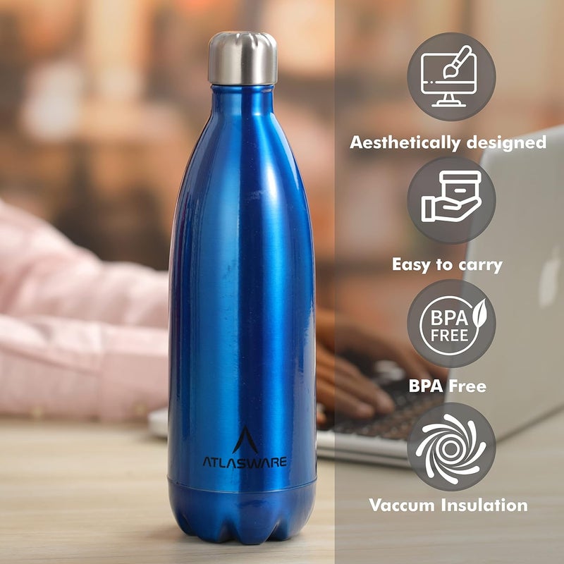 Atlasware Stainless Steel Vacuum Bottle - Dark Blue, 1750ml - Image 2