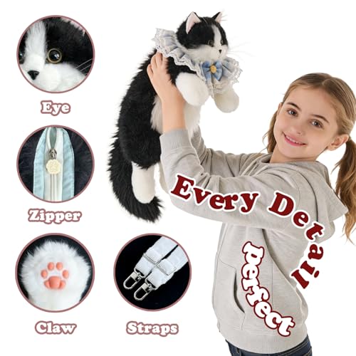 Krifey Stuffed Animals Backpack, Cute Cat plush Backpack, Realistic Animal Handcrafted Daypack with Adjustable Straps, Birthday Gifts for Women, Tuxedo Cat - Image 2