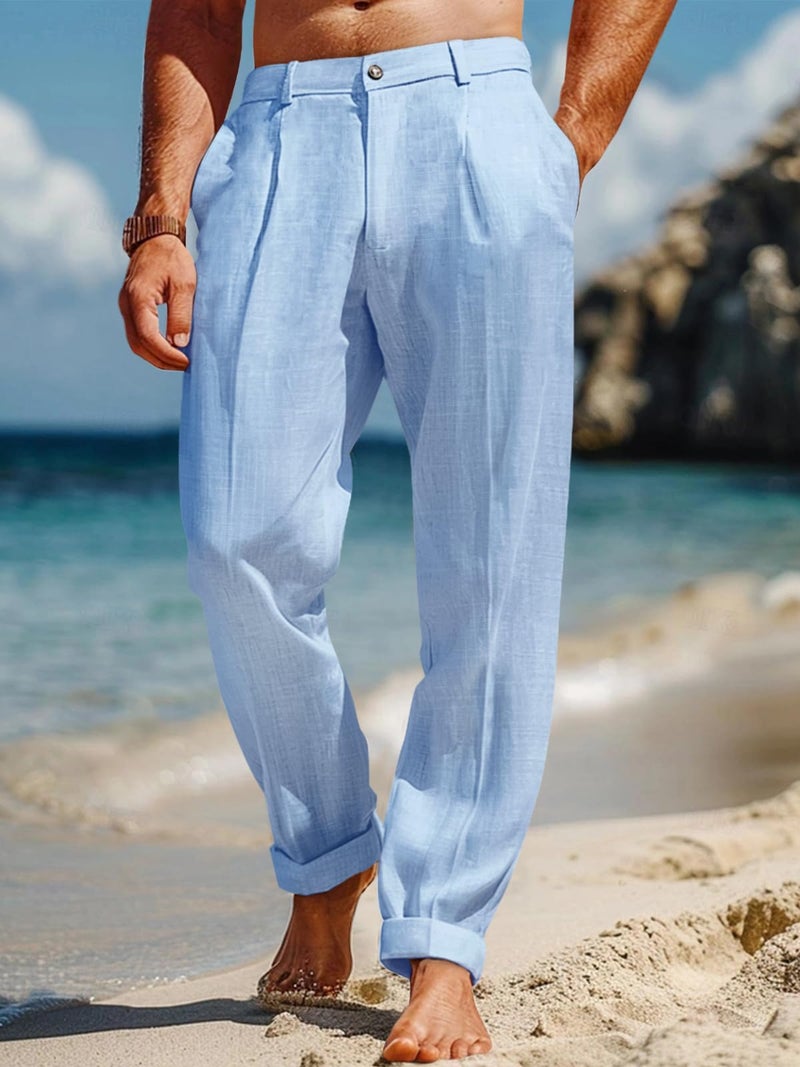 Runcati Mens Casual Pants Elastic Waist Lightweight Loose Fit Pleated Slacks Summer Beach Yoga Trousers Sky Blue - Image 2