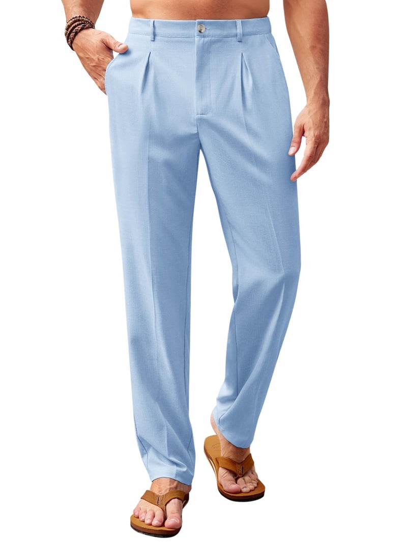 Runcati Mens Casual Pants Elastic Waist Lightweight Loose Fit Pleated Slacks Summer Beach Yoga Trousers Sky Blue - Image 1