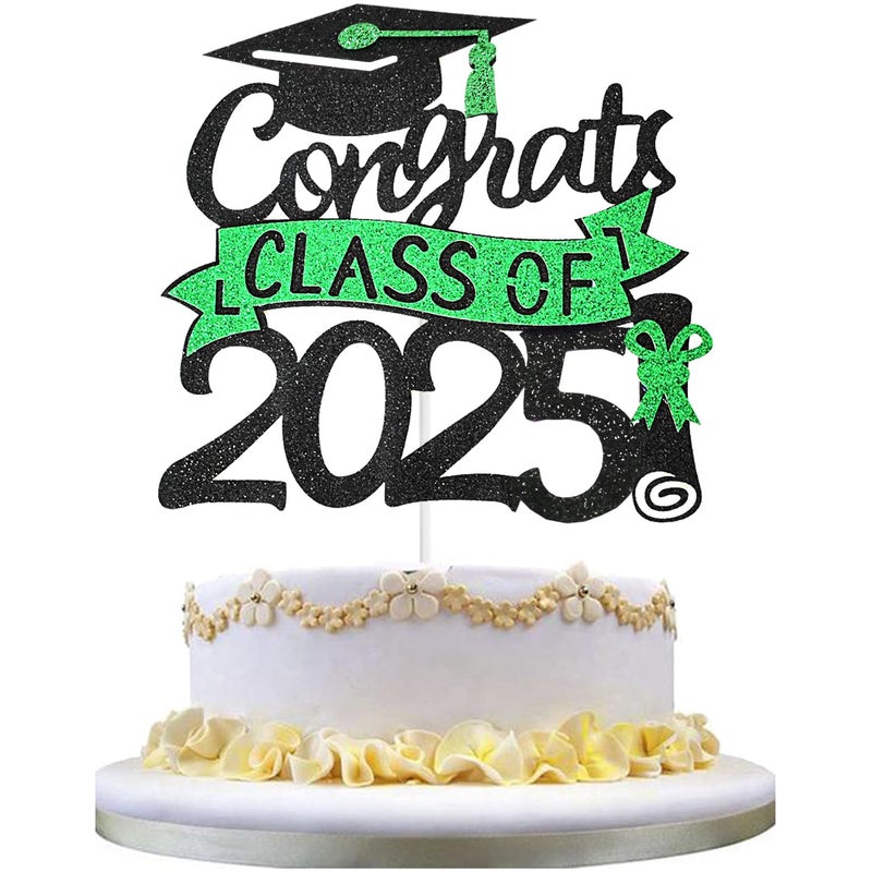 Chewarelly 1 Pack 2025 Class Of cake Topper  Glitter Congrats Grad Cake Decor  Graduation Cake Picks for Senior High School College Grad Party Decorations Supplies(Black with Green) A - Image 1
