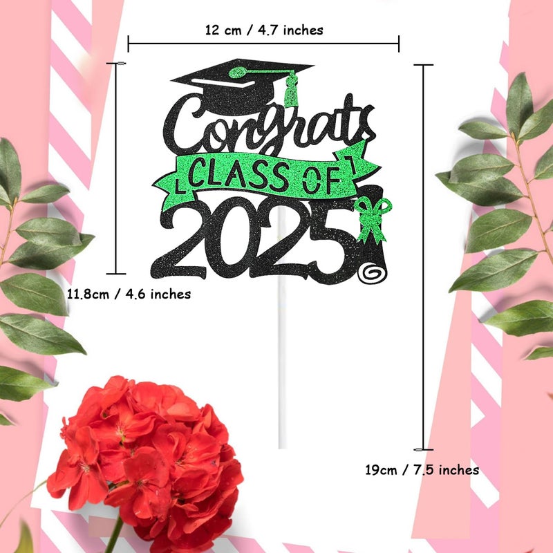 Chewarelly 1 Pack 2025 Class Of cake Topper  Glitter Congrats Grad Cake Decor  Graduation Cake Picks for Senior High School College Grad Party Decorations Supplies(Black with Green) A - Image 2