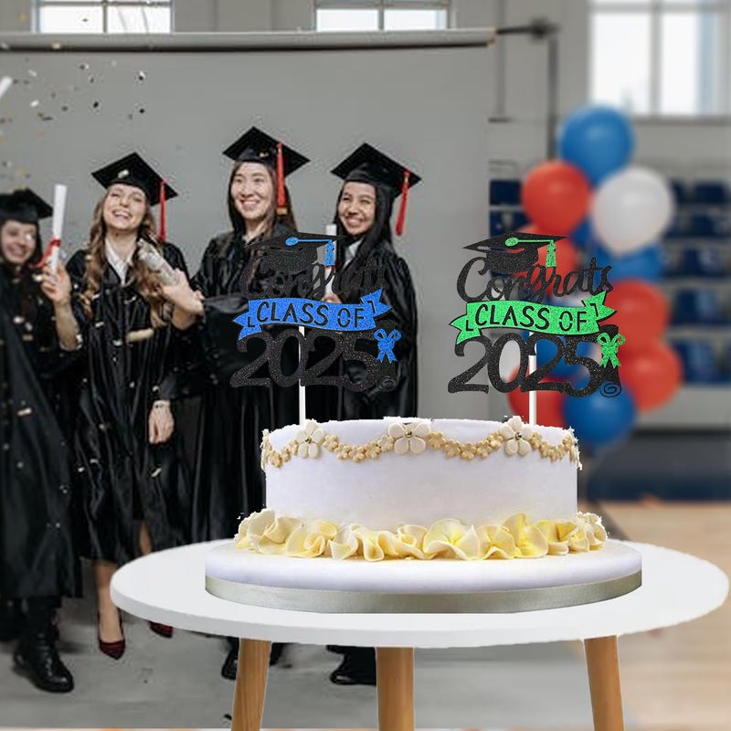 Chewarelly 1 Pack 2025 Class Of cake Topper  Glitter Congrats Grad Cake Decor  Graduation Cake Picks for Senior High School College Grad Party Decorations Supplies(Black with Green) A - Image 3