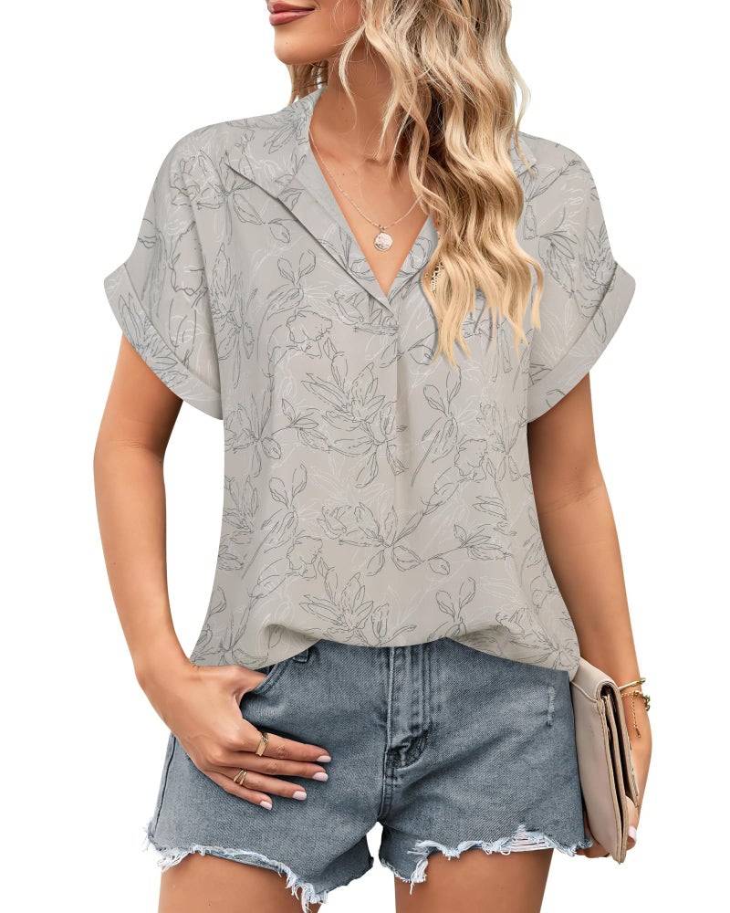 Timeson Blouses for Women Fashion 2024,Work Outfits for Women Office Ladies Business Professional Attire Short Sleeve Tops for Women Dressy Casual Junior Fancy Chiffon Interview Shirts Beige M - Image 3