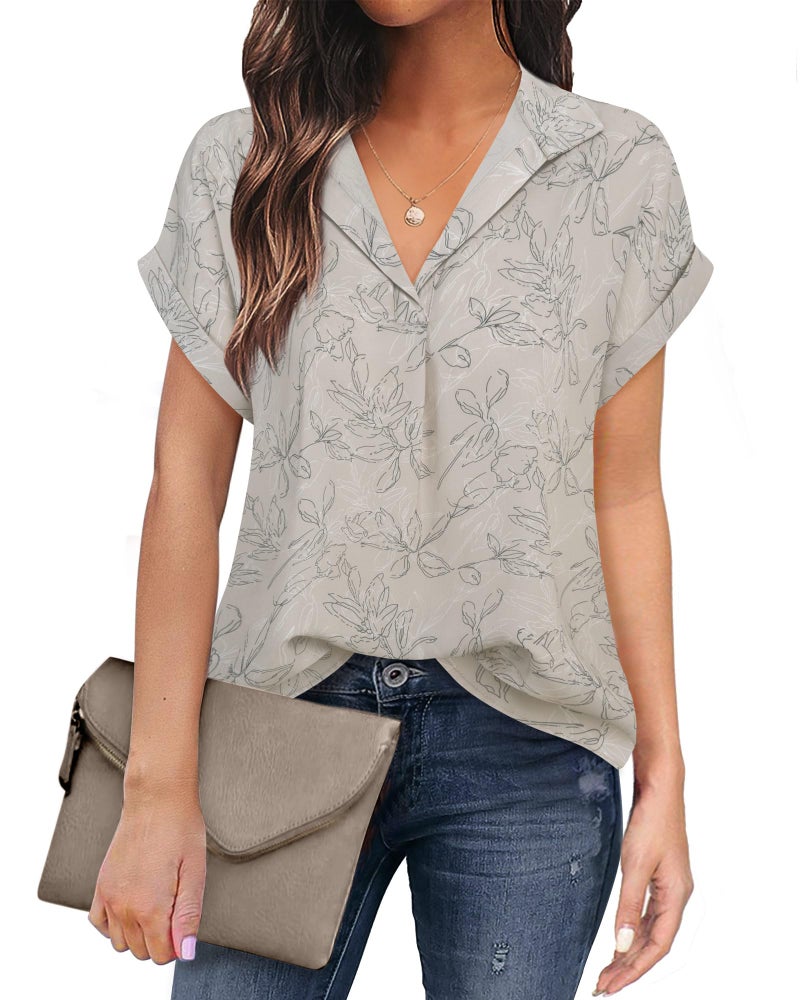 Timeson Blouses for Women Fashion 2024,Work Outfits for Women Office Ladies Business Professional Attire Short Sleeve Tops for Women Dressy Casual Junior Fancy Chiffon Interview Shirts Beige M - Image 1