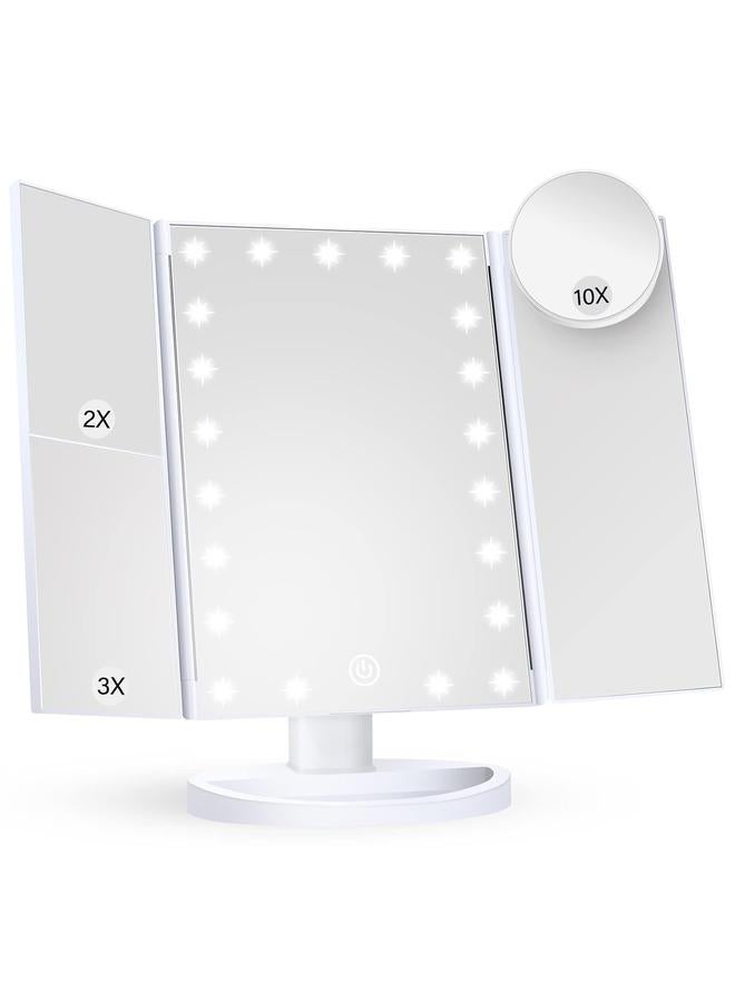 Bluejw Makeup Mirror Vanity Mirror with Lights, 2X 3X 10X Magnification, Lighted Makeup Mirror, Touch Control, Trifold Makeup Mirror, Dual Power Supply, Portable LED Makeup Mirror, Women Gift (White) - Image 1