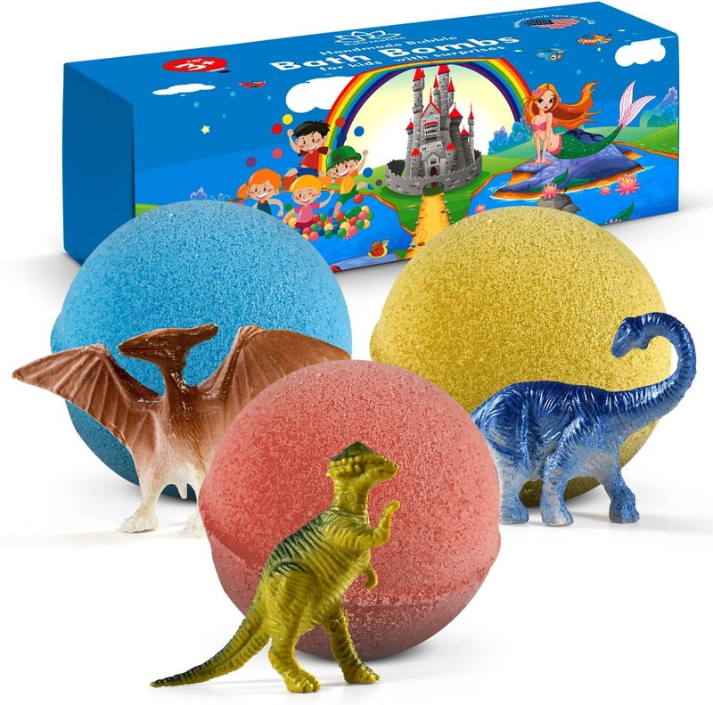 Relaxcation Organic Dino Bath Bombs for Kids for Easter with Surprise Inside Dinosaurs  3 Organic Large Bath Bomb Kit Dino Inside  Great Fizzy and Bubble Safe for Boys and Girls 