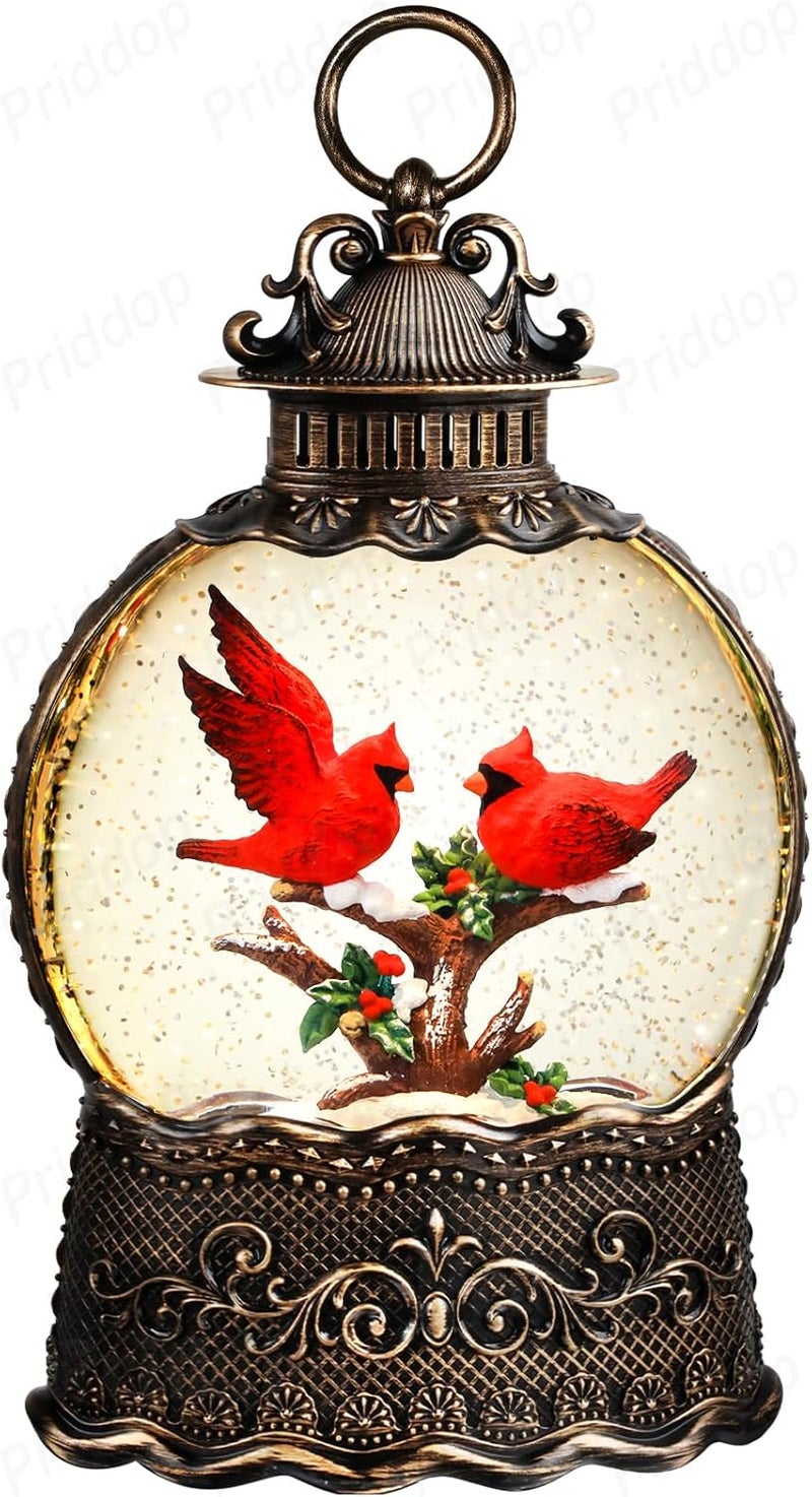 Priddop Cardinal Snow Globe Christmas Decorations Indoor Cardinal Gifts Classic Relief Texture Musical Glitter Snowfall USB/Battery Timer Lantern 10.6 inch - Image 1