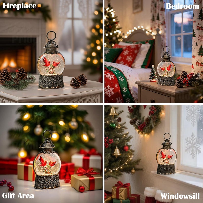 Priddop Cardinal Snow Globe Christmas Decorations Indoor Cardinal Gifts Classic Relief Texture Musical Glitter Snowfall USB/Battery Timer Lantern 10.6 inch - Image 5