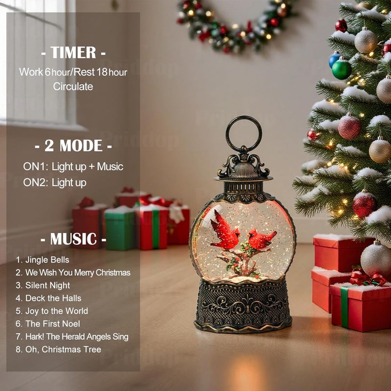 Priddop Cardinal Snow Globe Christmas Decorations Indoor Cardinal Gifts Classic Relief Texture Musical Glitter Snowfall USB/Battery Timer Lantern 10.6 inch - Image 3
