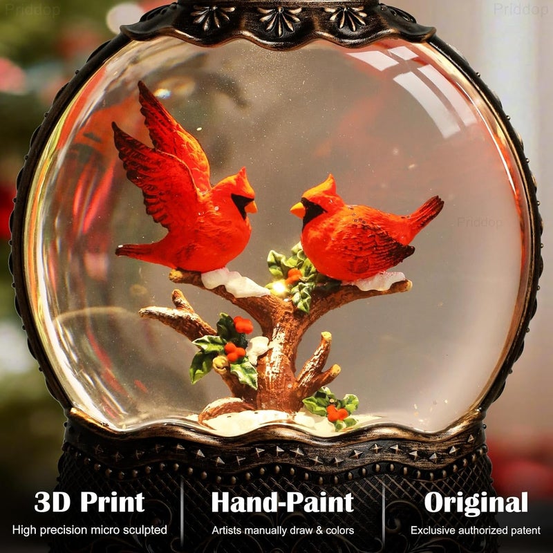 Priddop Cardinal Snow Globe Christmas Decorations Indoor Cardinal Gifts Classic Relief Texture Musical Glitter Snowfall USB/Battery Timer Lantern 10.6 inch - Image 2