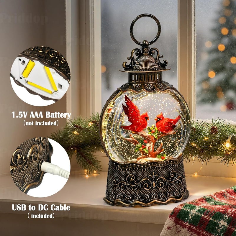 Priddop Cardinal Snow Globe Christmas Decorations Indoor Cardinal Gifts Classic Relief Texture Musical Glitter Snowfall USB/Battery Timer Lantern 10.6 inch - Image 4