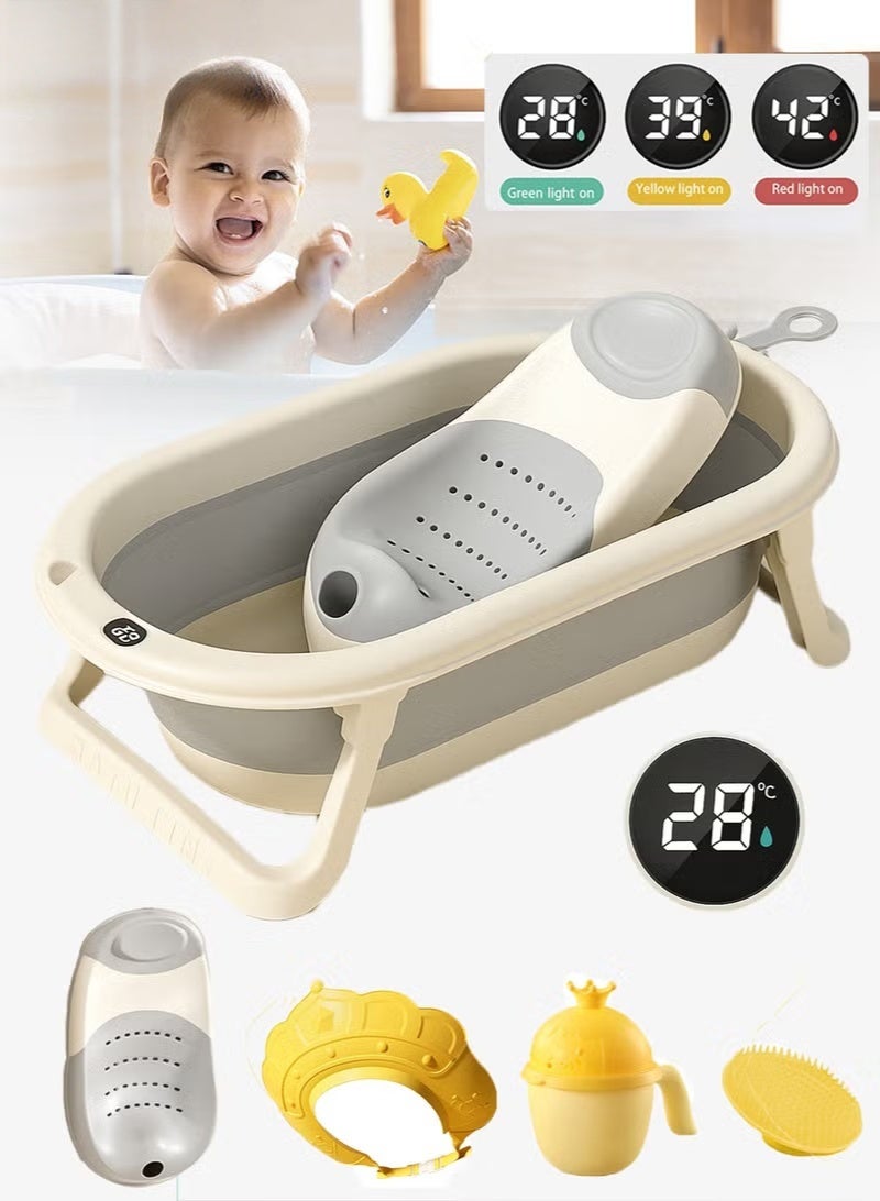 5 PCS Baby Bath Tub, Foldable Bathtub with Temperature Sensing + Baby Bath Chair + Shower Cap *1 + Washing Hair Shower Shampoo Cup *1 + Shampoo Brush *1 - Image 1