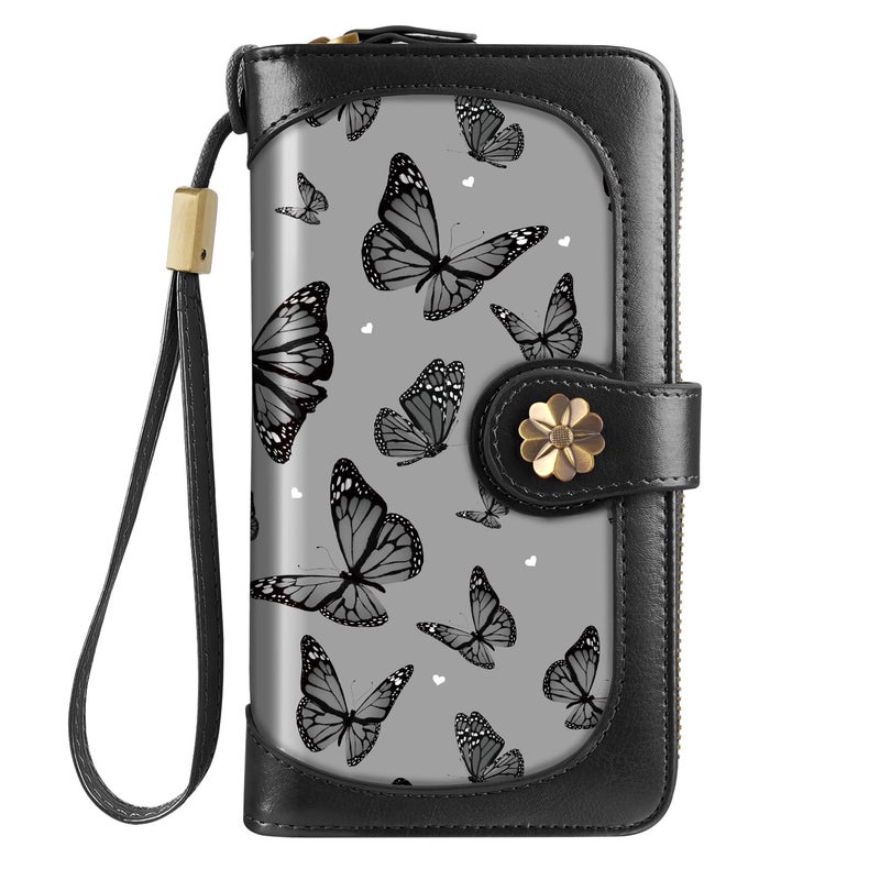 Coco Rossi Women Wallets Multi Card Case Wallet Clutch Wallet Card Holder Organizer Ladies Purse Wrist strap Purse, Black Butterfly - Image 1