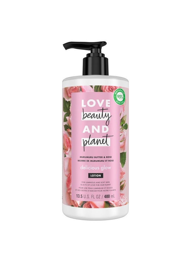 لاف بيوتي أند بلانيت لوشن الجسم المتوهج اللذيذ من Love Beauty and Planet بزبدة المورومورو والورد لبشرة ناعمة ومتوهجة، مكونات طبيعية، مرطبات نباتية، نباتي، خالٍ من القسوة، 13.5 أونصة  - Image 1