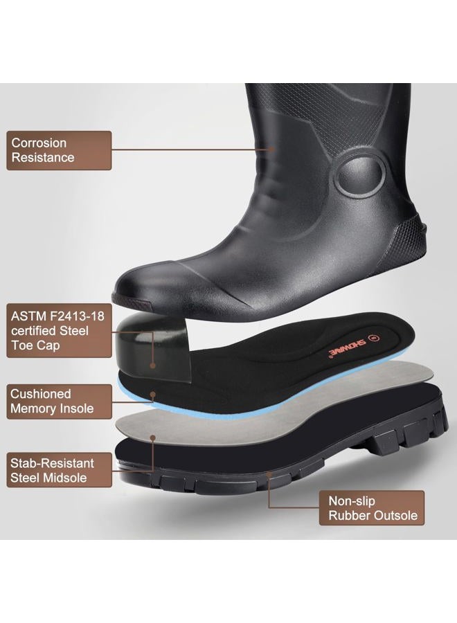 Showave Steel Toe Boots for Men Rubber Work Boot Waterproof Durable Concrete Booties for Hunting Manufacturing Construction, Black, 11 - Image 5