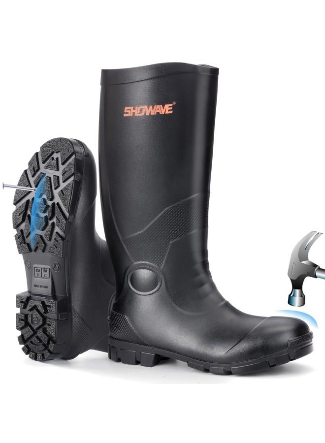 Showave Steel Toe Boots for Men Rubber Work Boot Waterproof Durable Concrete Booties for Hunting Manufacturing Construction, Black, 11 - Image 1