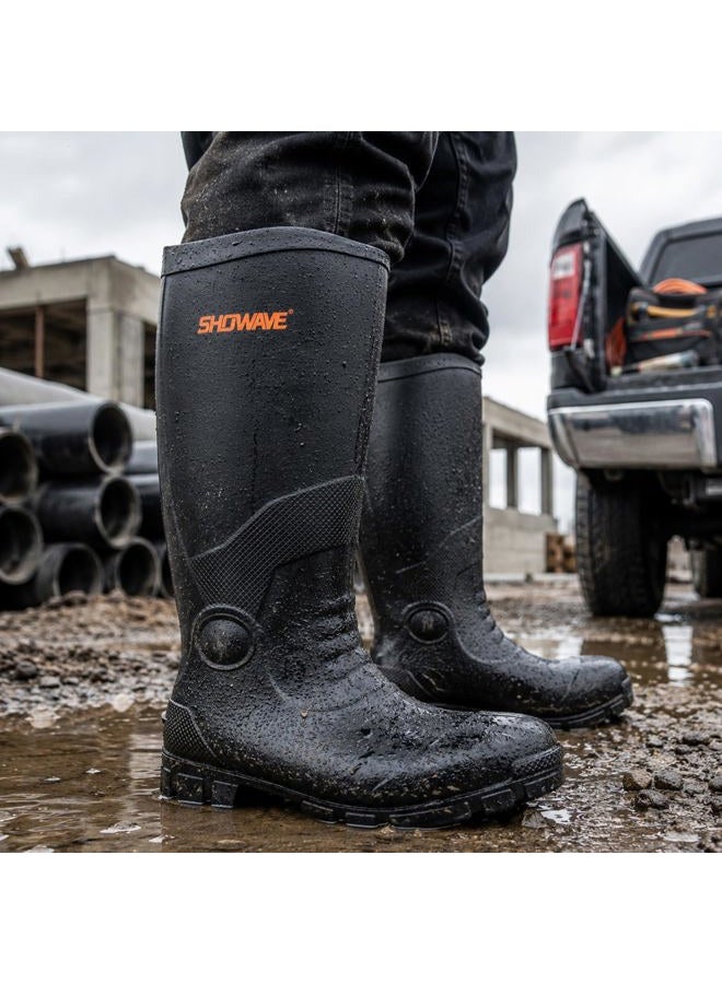 Showave Steel Toe Boots for Men Rubber Work Boot Waterproof Durable Concrete Booties for Hunting Manufacturing Construction, Black, 11 - Image 3