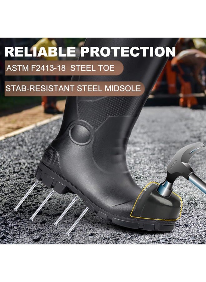 Showave Steel Toe Boots for Men Rubber Work Boot Waterproof Durable Concrete Booties for Hunting Manufacturing Construction, Black, 11 - Image 4